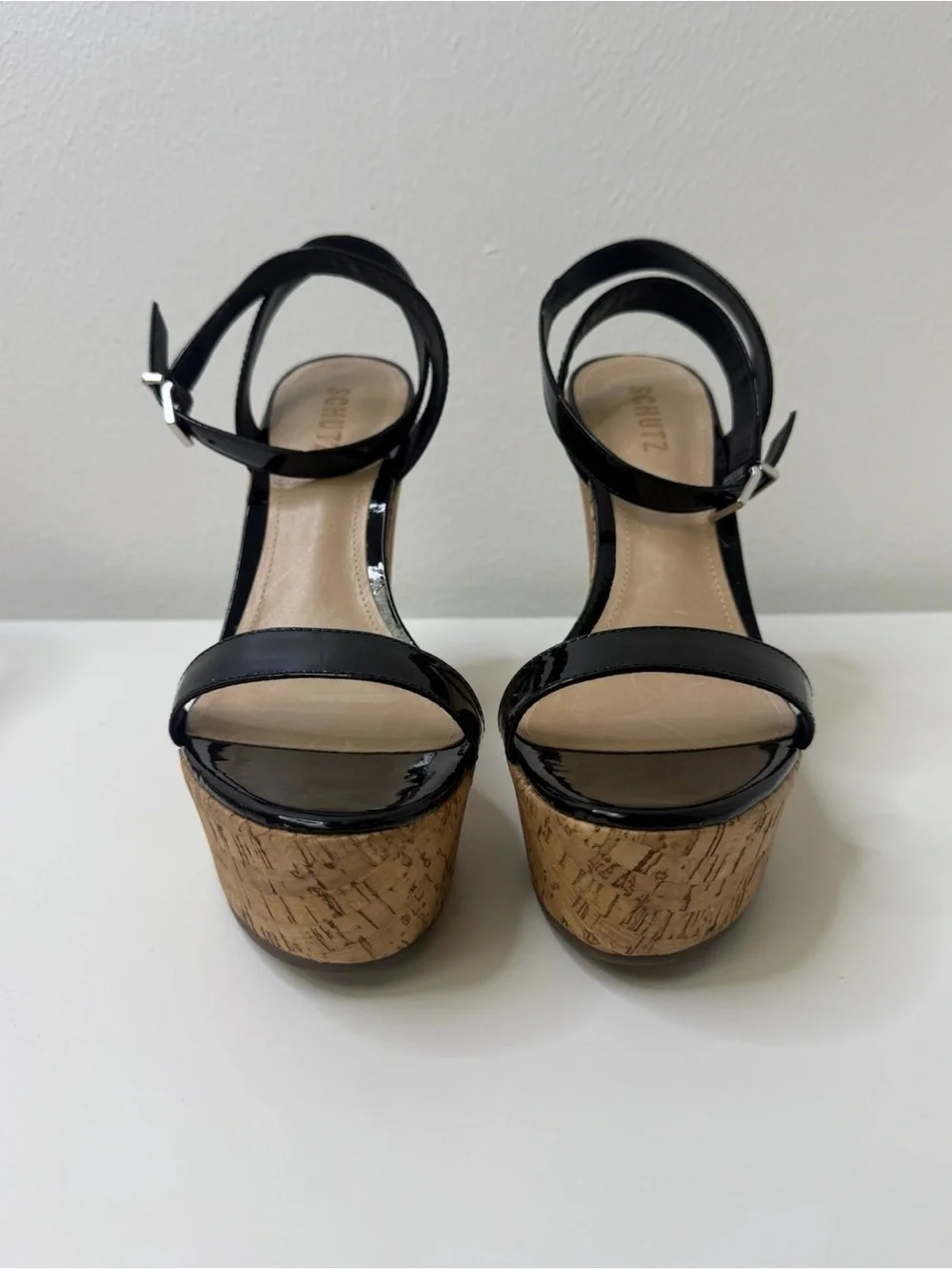 BRAND NEW SCHUTZ Black Patent Cork Platform Wedge Sandals Size 9.5